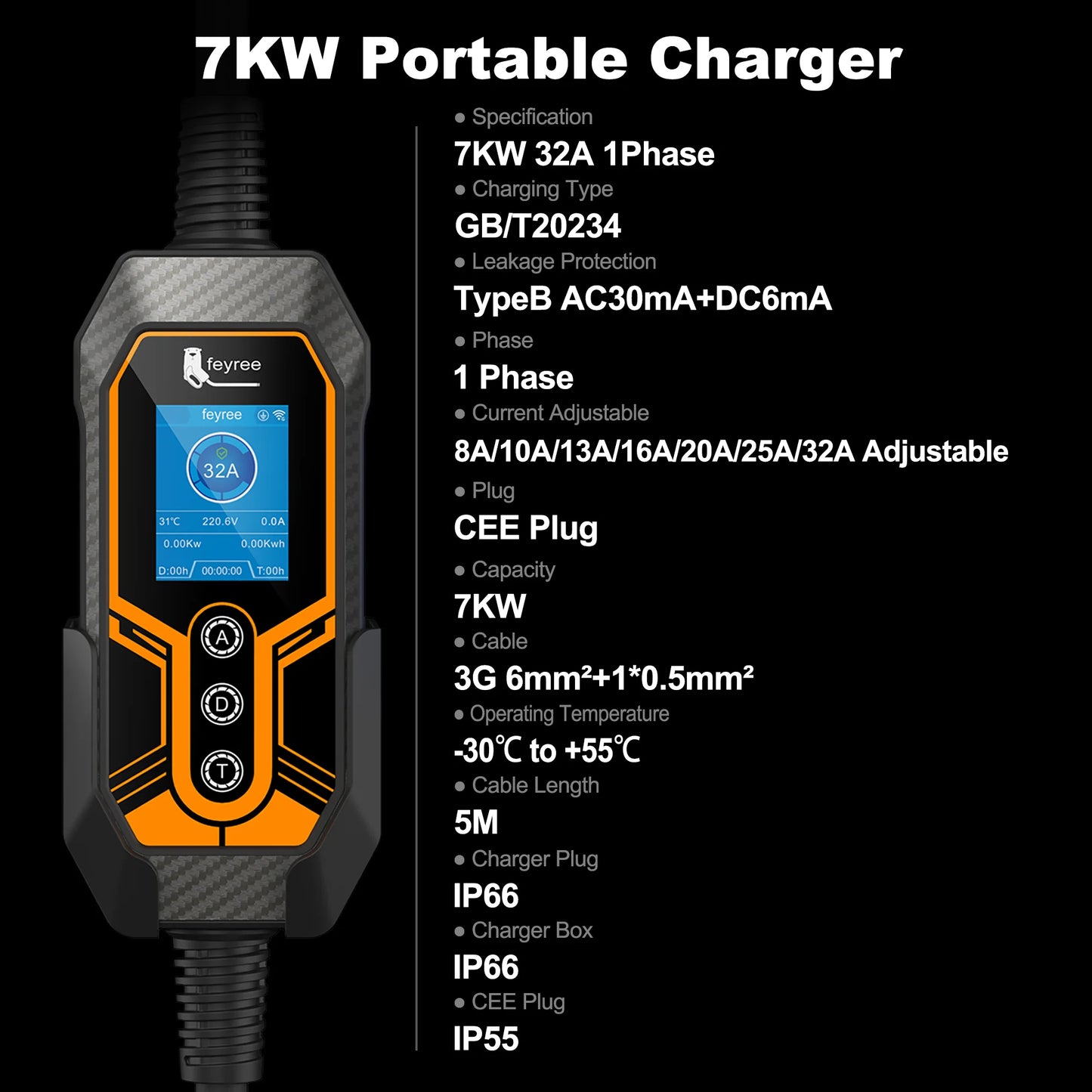 7KW Portable EV Charger - Adjustable 32A Type 2 Electric Vehicle Charging Box