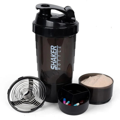 3-Layer Portable Protein Shaker Bottle - Leak-Proof Gym Mixing Cup
