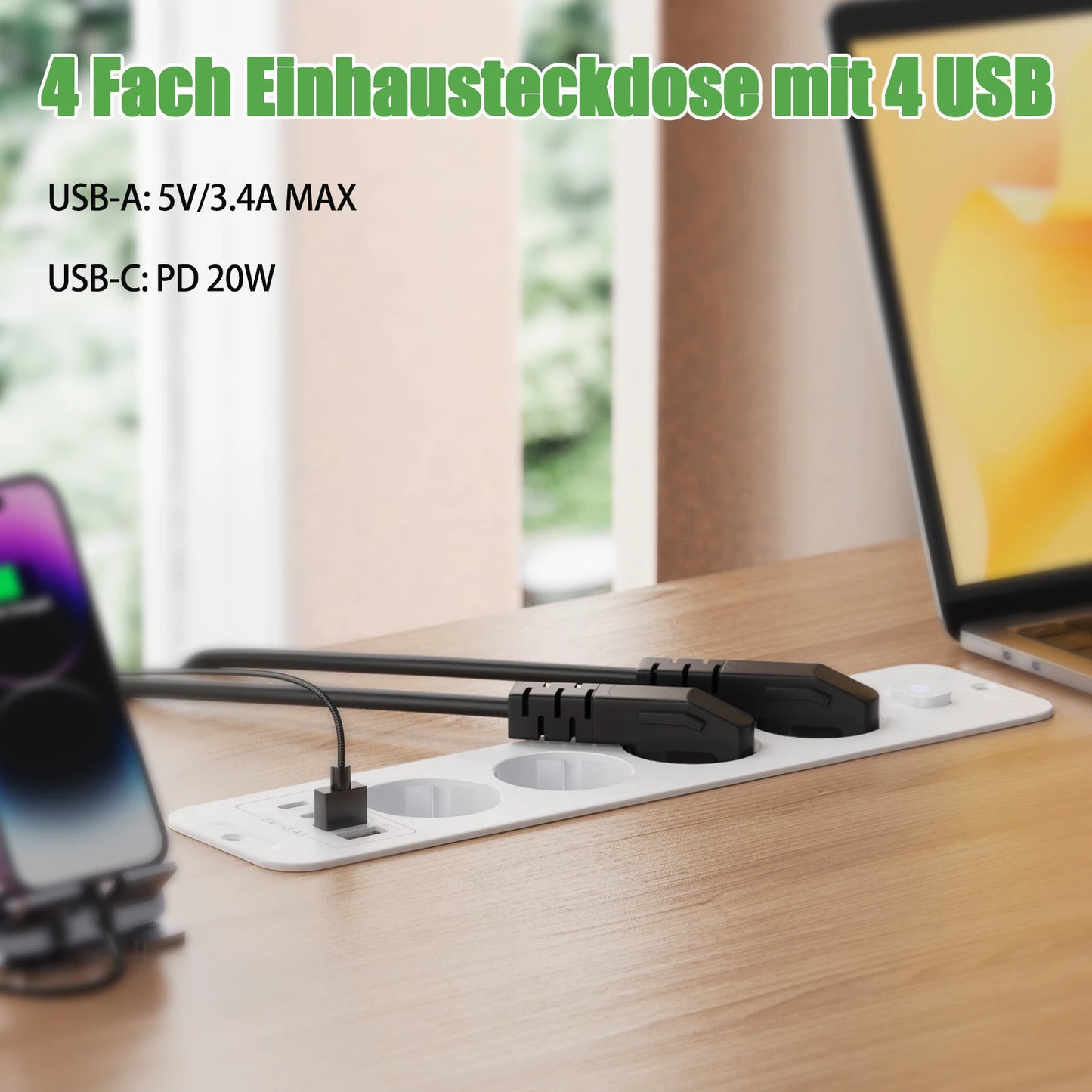 Retractable Desktop Power Strip with 4/6 AC Outlets, USB-C & PD 20W Fast Charge