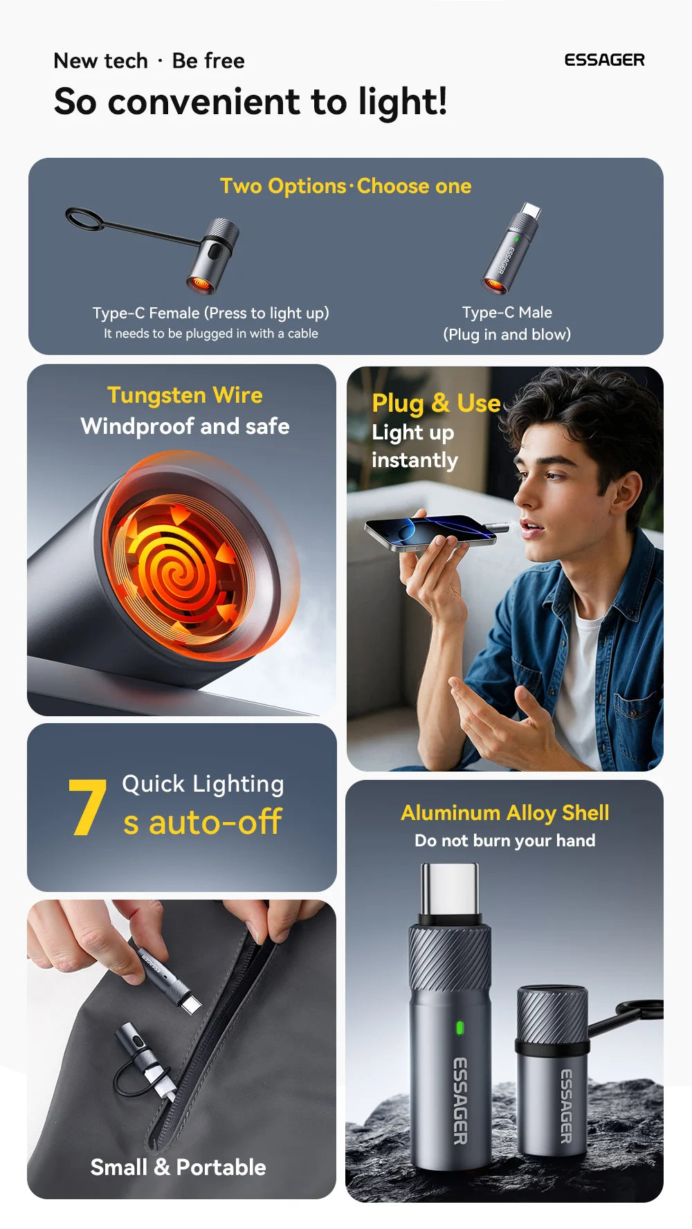 Portable Type-C Flameless Tungsten Electric Lighter – Compact & Safe