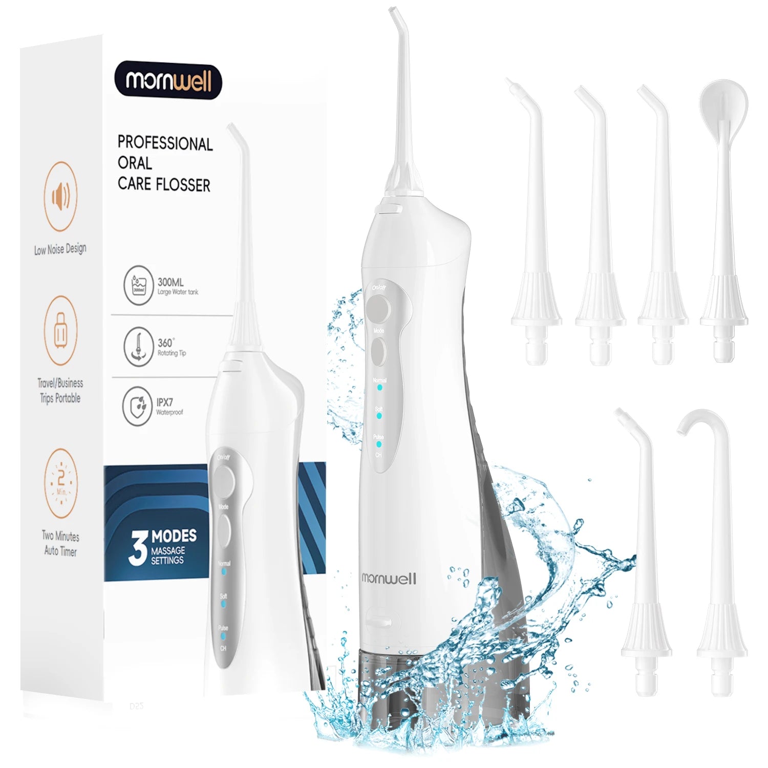 Portable Cordless Water Flosser with 300ml Tank and 6 Replacement Nozzle Tips - 1