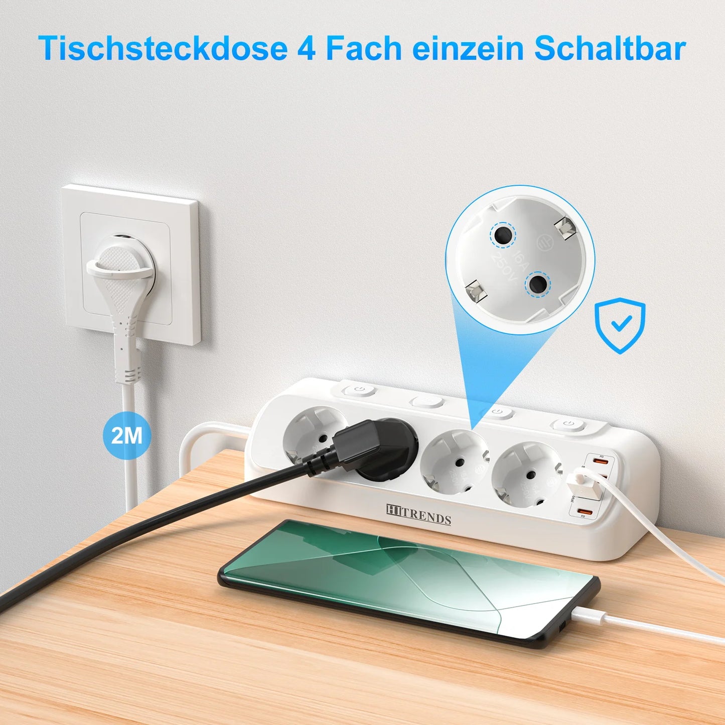 Desktop Power Strip with USB-C Fast Charging & 4 Individual Switches