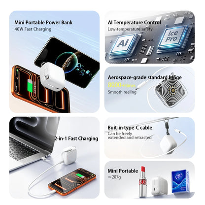 40W Fast Charging 10000mAh Power Bank with Built-in Retractable Cable