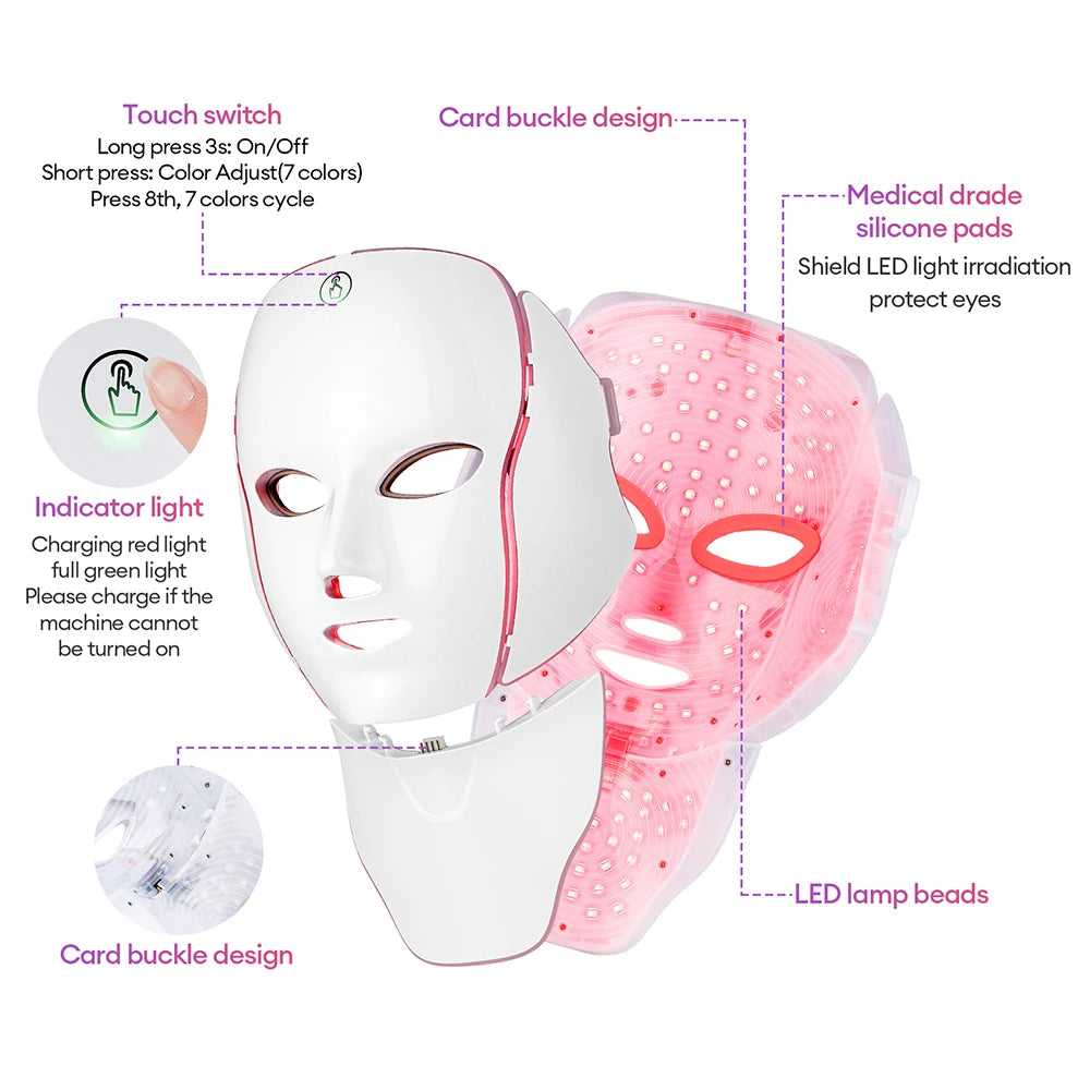 Wireless 7-Color LED Light Therapy Face & Neck Mask