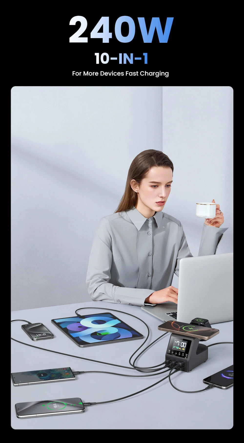 240W GaN Charging Station - 10-in-1 Fast USB-C Hub with Wireless & Alarm - 14