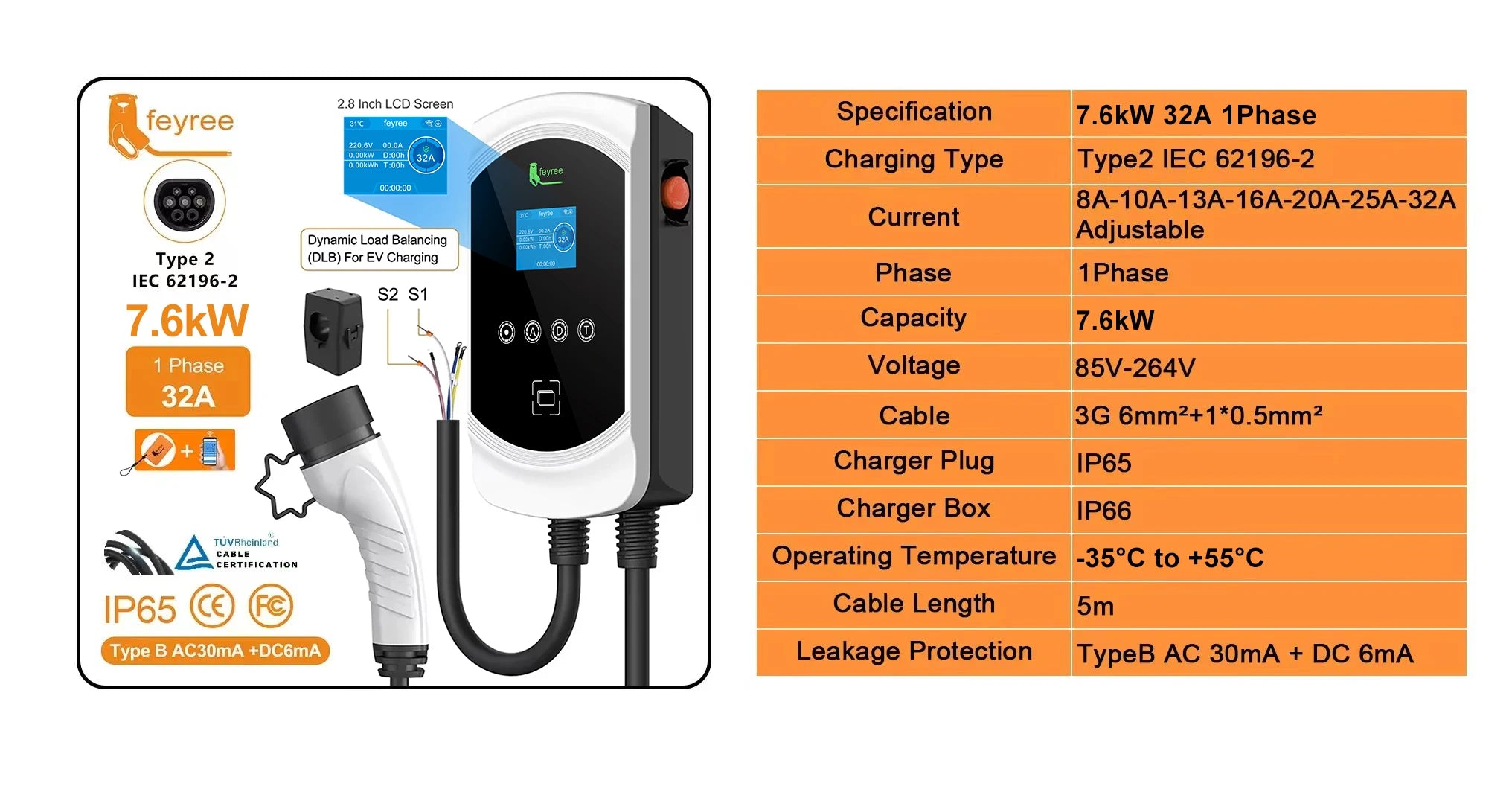 Smart EV Wallbox Charger - Type 2 WiFi Enabled with Dynamic Load Balancing - 8