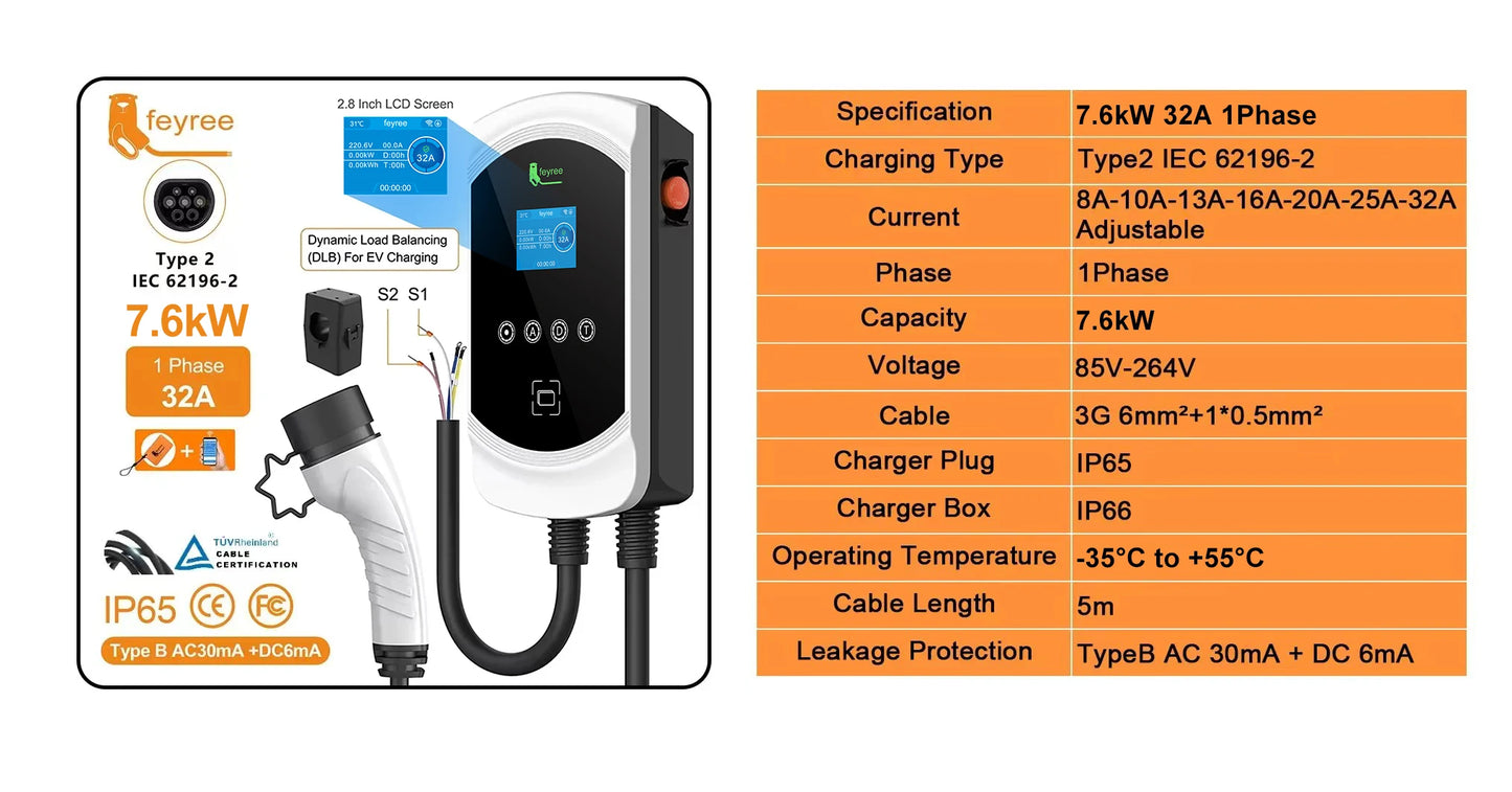 Smart EV Wallbox Charger - Type 2 WiFi Enabled with Dynamic Load Balancing