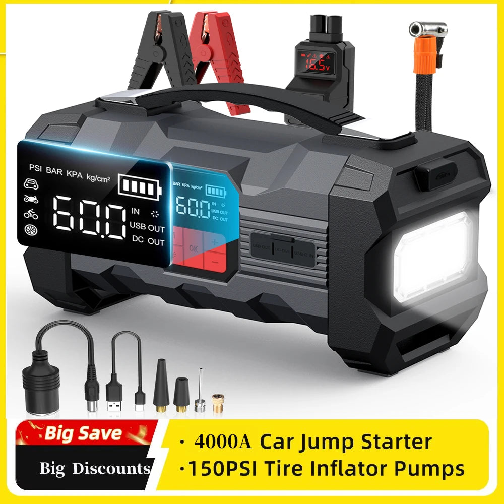 26800mAh Portable Car Jump Starter with 150PSI Air Compressor & Power Bank