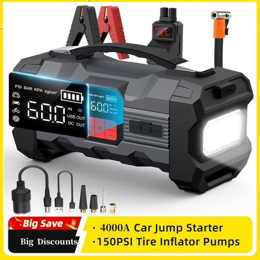26800mAh Portable Car Jump Starter with 150PSI Air Compressor & Power Bank