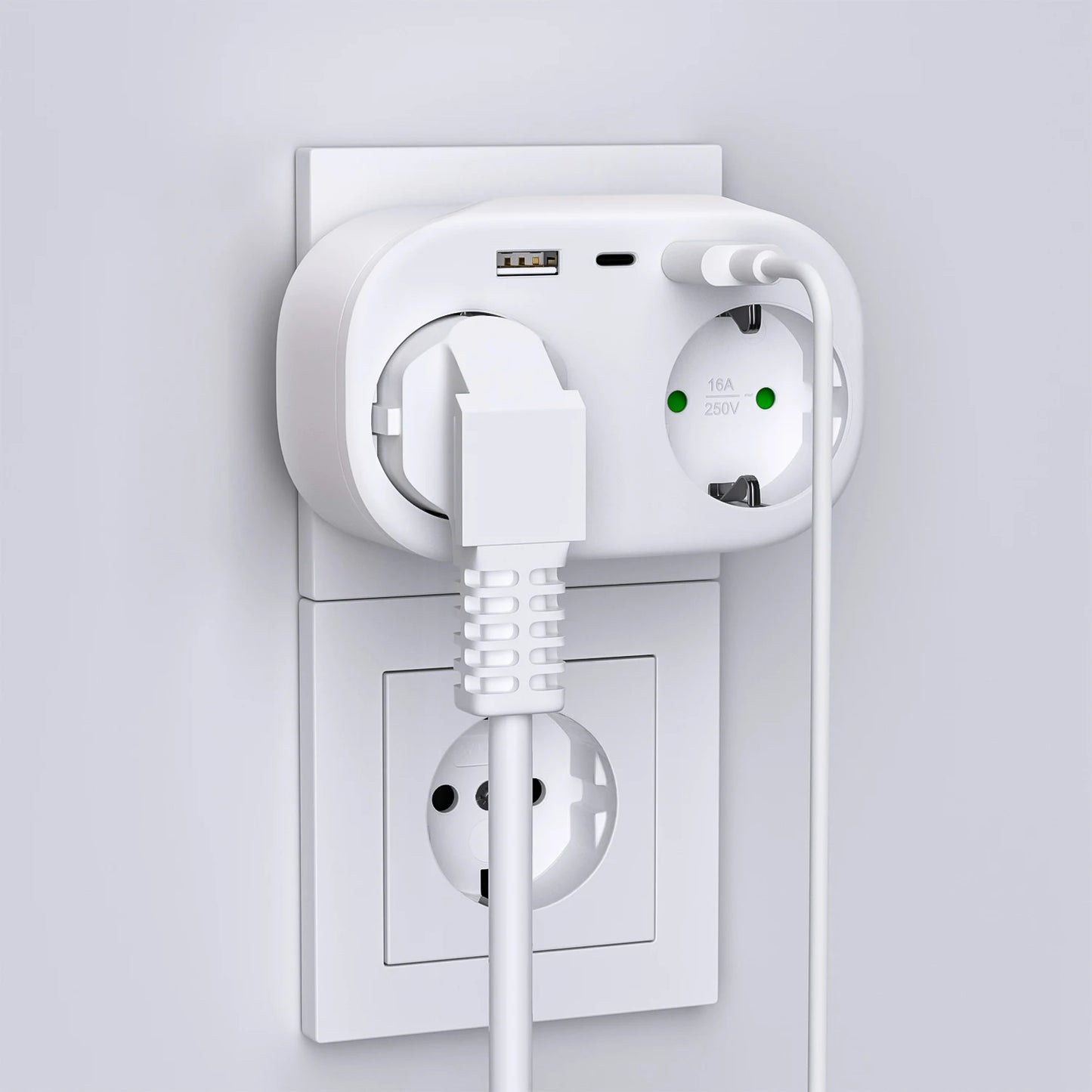 4000W 2-Way EU Wall Power Socket with Dual USB & Type-C Ports