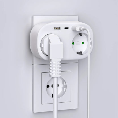 4000W 2-Way EU Wall Power Socket with Dual USB & Type-C Ports