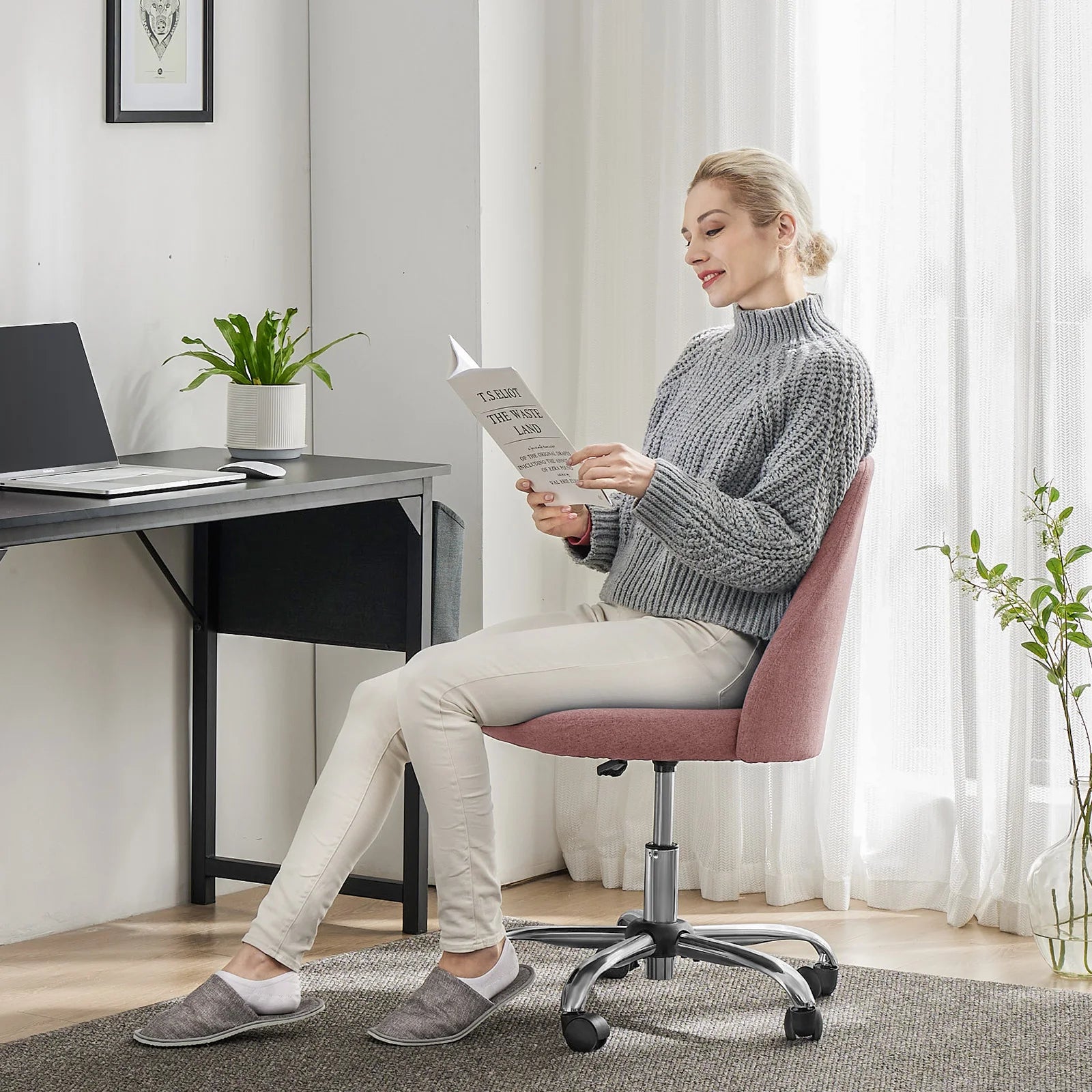 Modern Armless Swivel Desk Chair - Adjustable Height Vanity Task Chair - 2