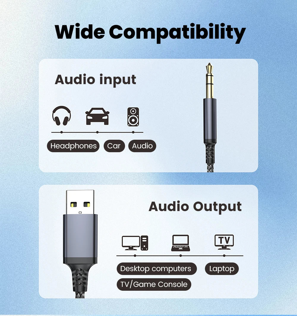USB to 3.5mm Aux Audio Cable - Male to Male Stereo Adapter for Car & PC