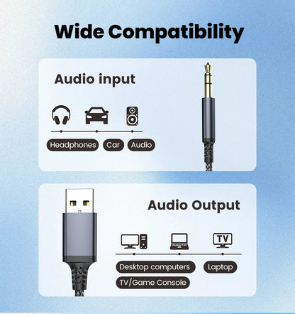USB to 3.5mm Aux Audio Cable - Male to Male Stereo Adapter for Car & PC