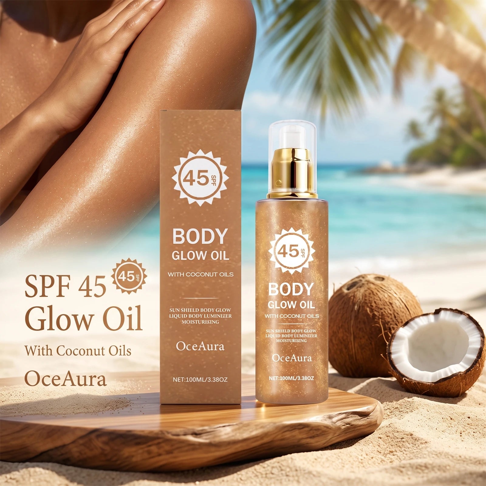 SPF 45 Shimmering Coconut Body Glow Oil Sun Protection Moisturizer - 1