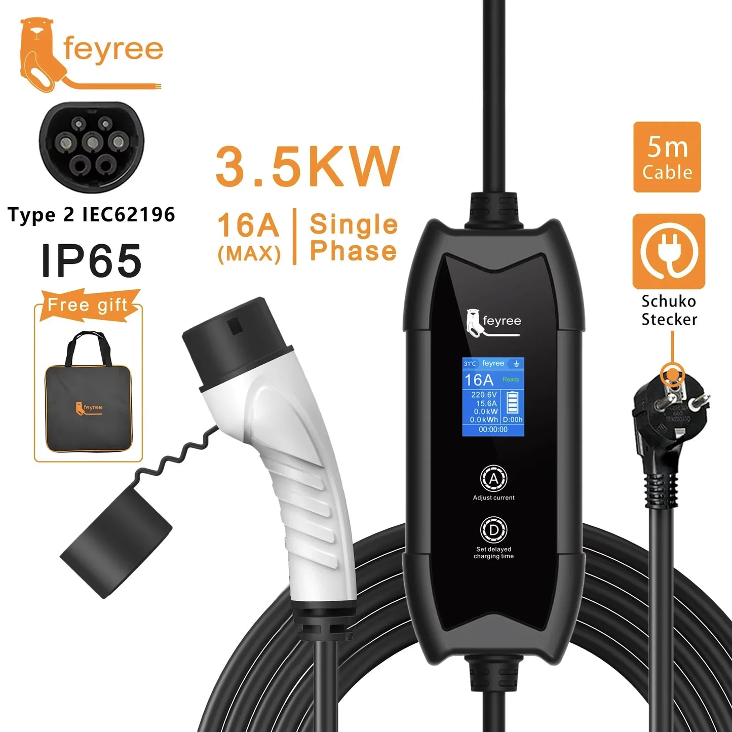 3.5KW Portable EV Charger - Adjustable Current Type 2 Charging Cable