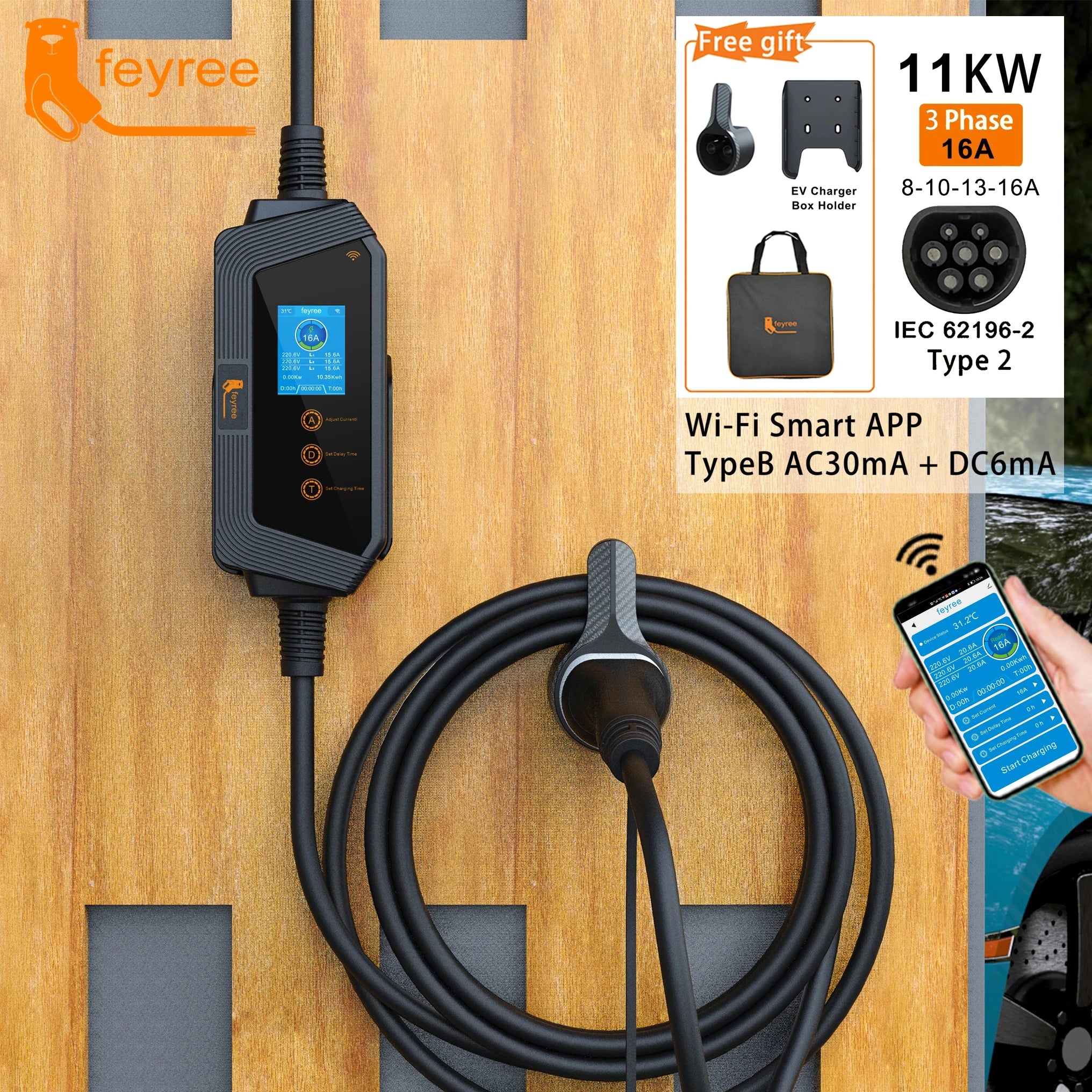 11KW Portable EV Charger Type 2, Wi-Fi App Control, 16A Fast Charging - 10