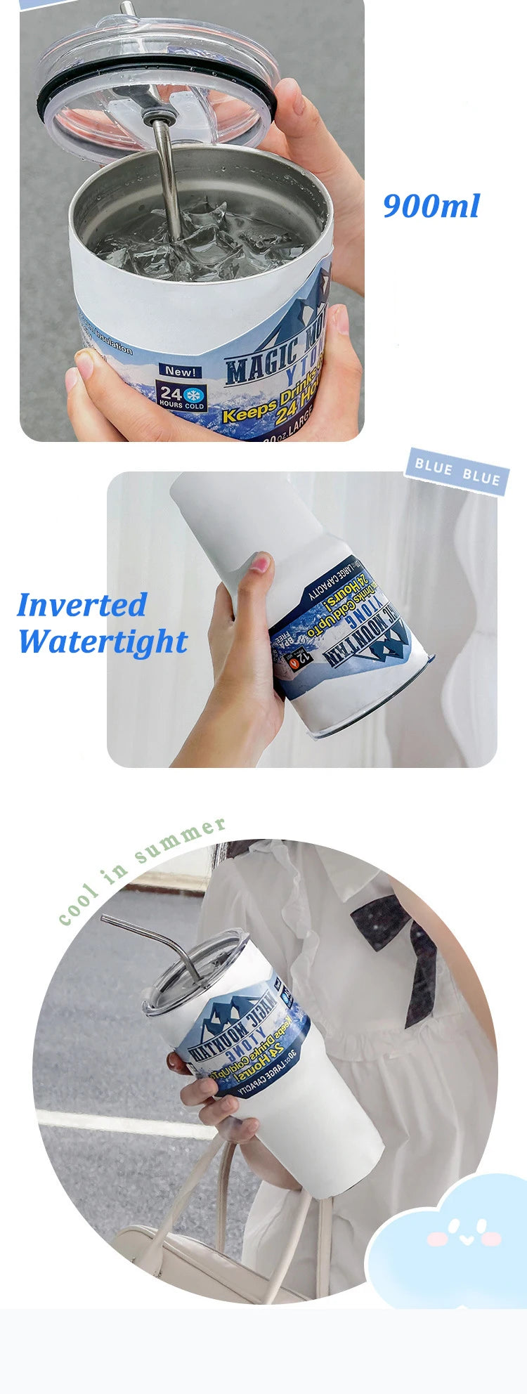 900ml Vacuum Insulated Stainless Steel Tumbler with Straw for Travel - 9