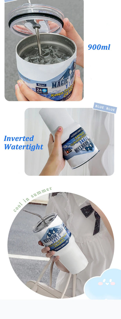 900ml Vacuum Insulated Stainless Steel Tumbler with Straw for Travel