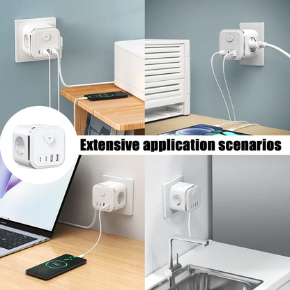 7-in-1 European Power Strip Cube with 4 USB/Type-C Fast Charging Ports