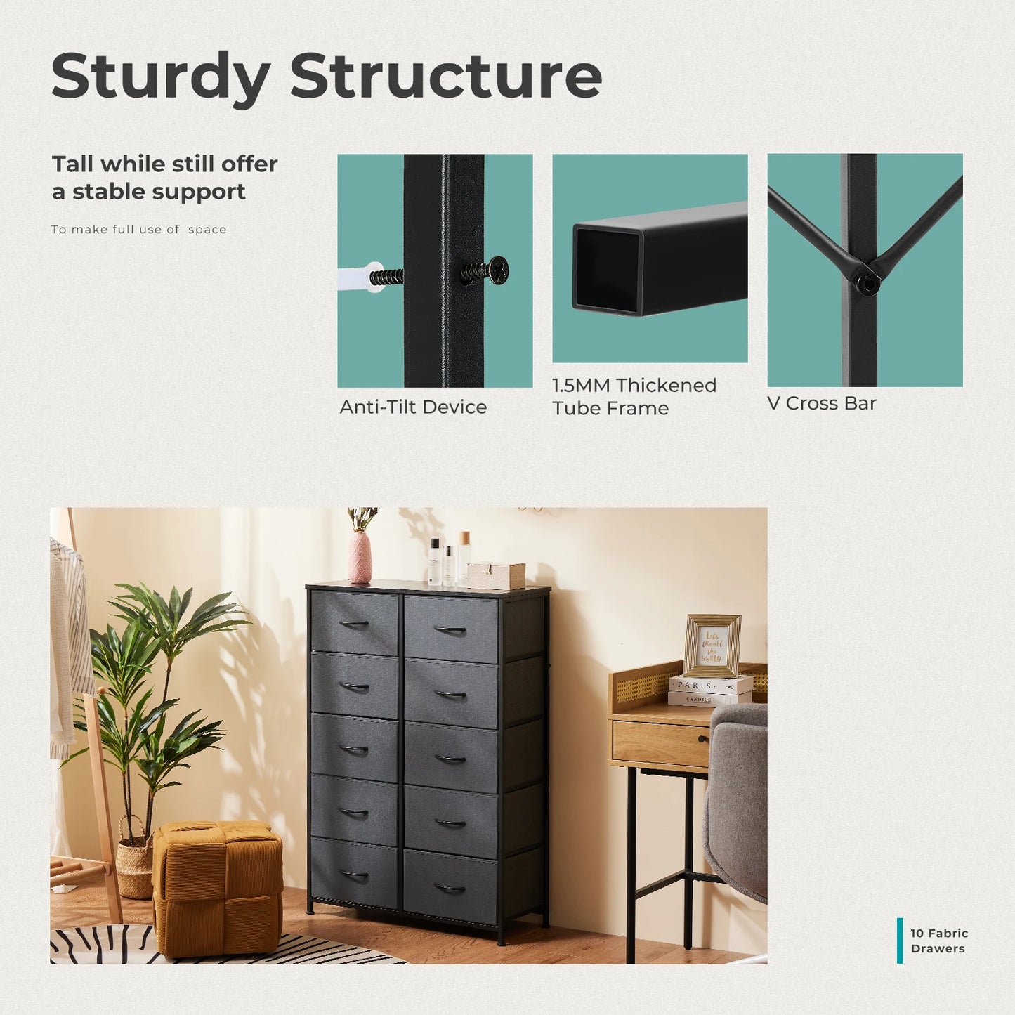 10-Drawer Fabric Dresser Organizer with Sturdy Steel Frame Storage Unit