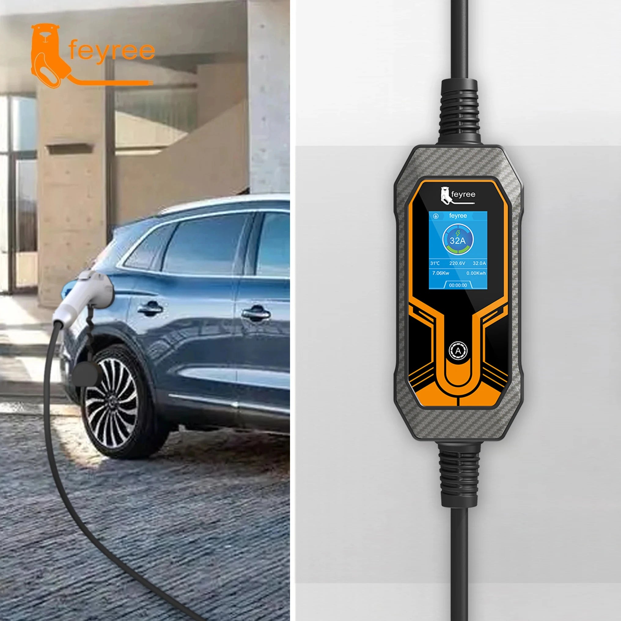 7KW Portable EV Charger - Adjustable 32A Type 2 Electric Vehicle Charging Cable - 5