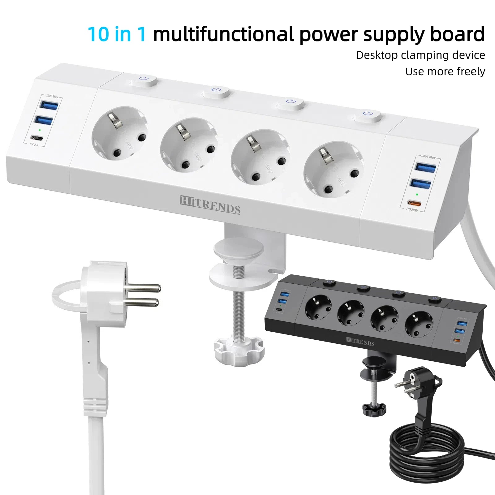 EU Desk Clamp Power Strip with 4 USB Ports, 2 USB-C & Surge Protection - 1