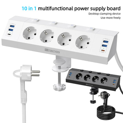 EU Desk Clamp Power Strip with 4 USB Ports, 2 USB-C & Surge Protection