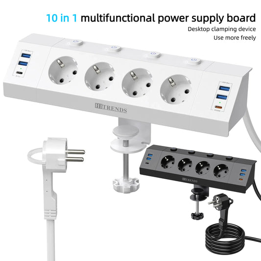EU Desk Clamp Power Strip with 4 USB Ports, 2 USB-C & Surge Protection