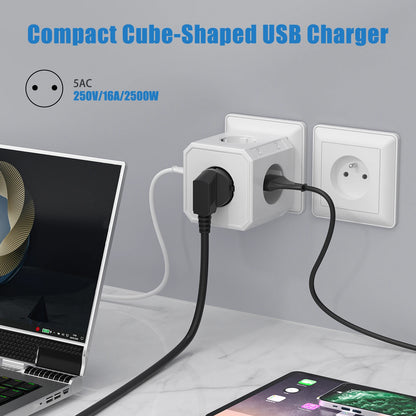 5-Way EU Socket Cube Adapter - 4000W Wall Outlet Extender with Surge Protection