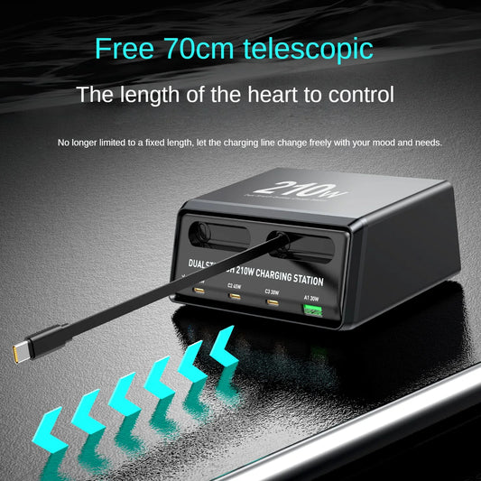 6-in-1 Retractable Fast Charging Station 210W USB-C Desktop Power Hub