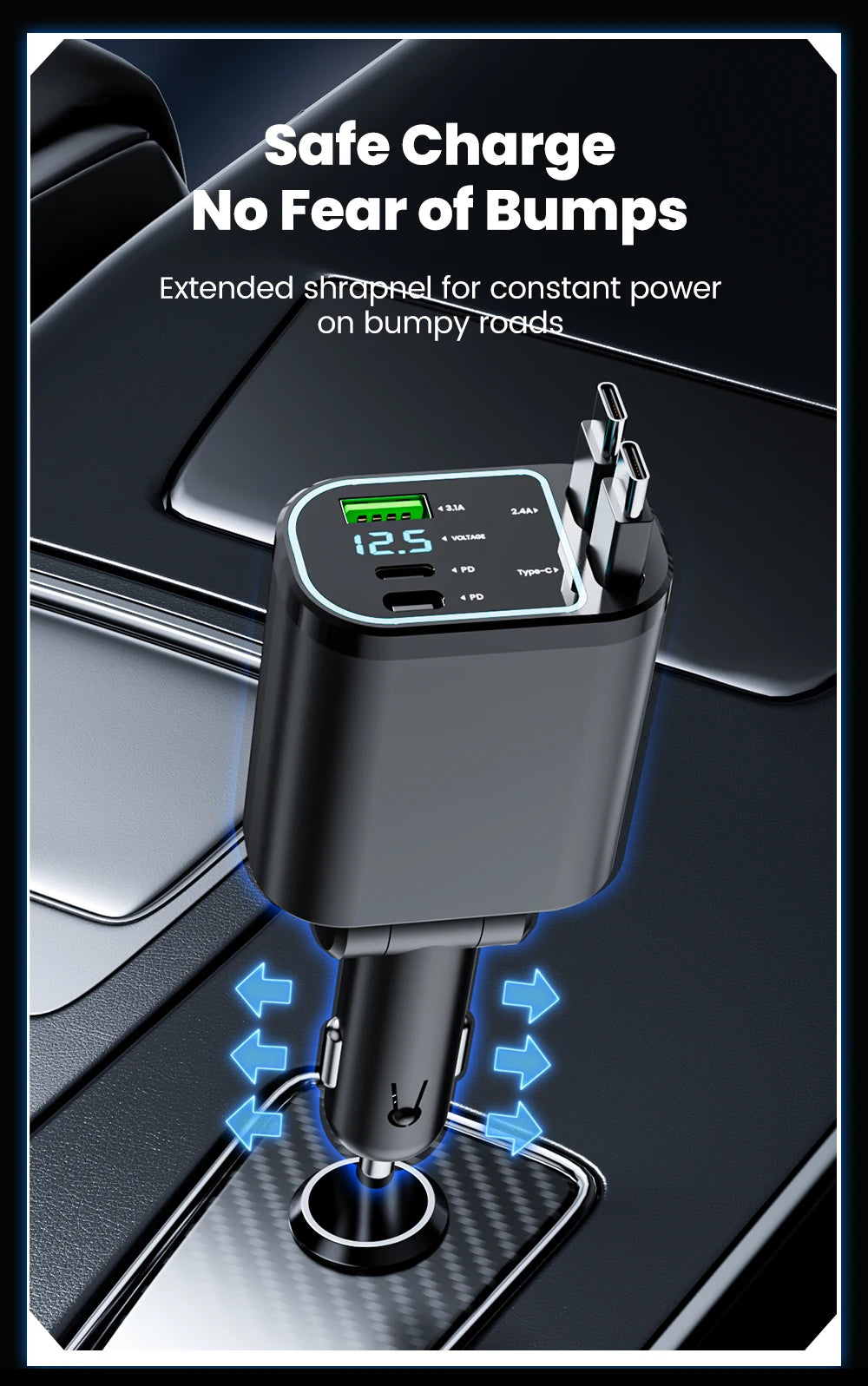 100W Retractable Fast Car Charger with USB & Type-C Digital Display - 9