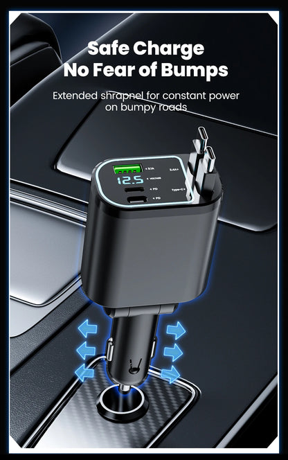 100W Retractable Fast Car Charger with USB & Type-C Digital Display