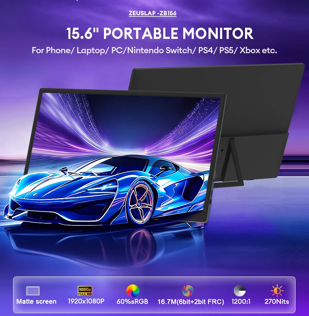 15.6" Full HD 1080P Portable Monitor - Slim IPS Display for Laptop & Gaming - 8
