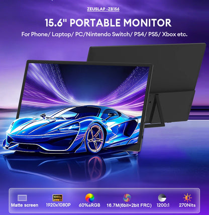 15.6" Full HD 1080P Portable Monitor - Slim IPS Display for Laptop & Gaming