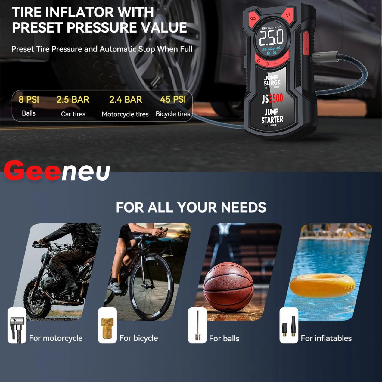 4-in-1 Portable Car Jump Starter with Tire Inflator & Power Bank