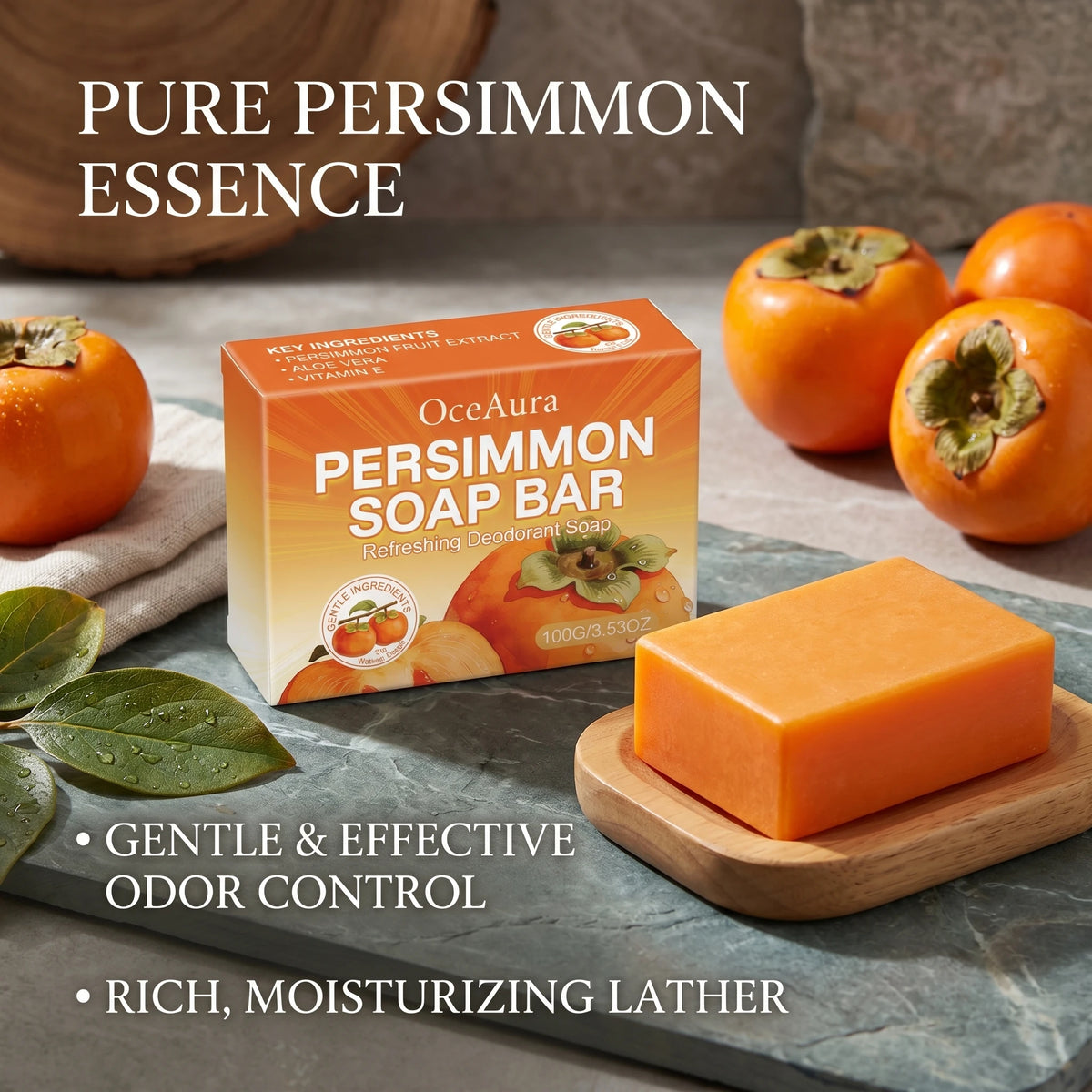Natural Persimmon Extract Deodorizing Body Soap Bar for Odor Control & Fresh Skin