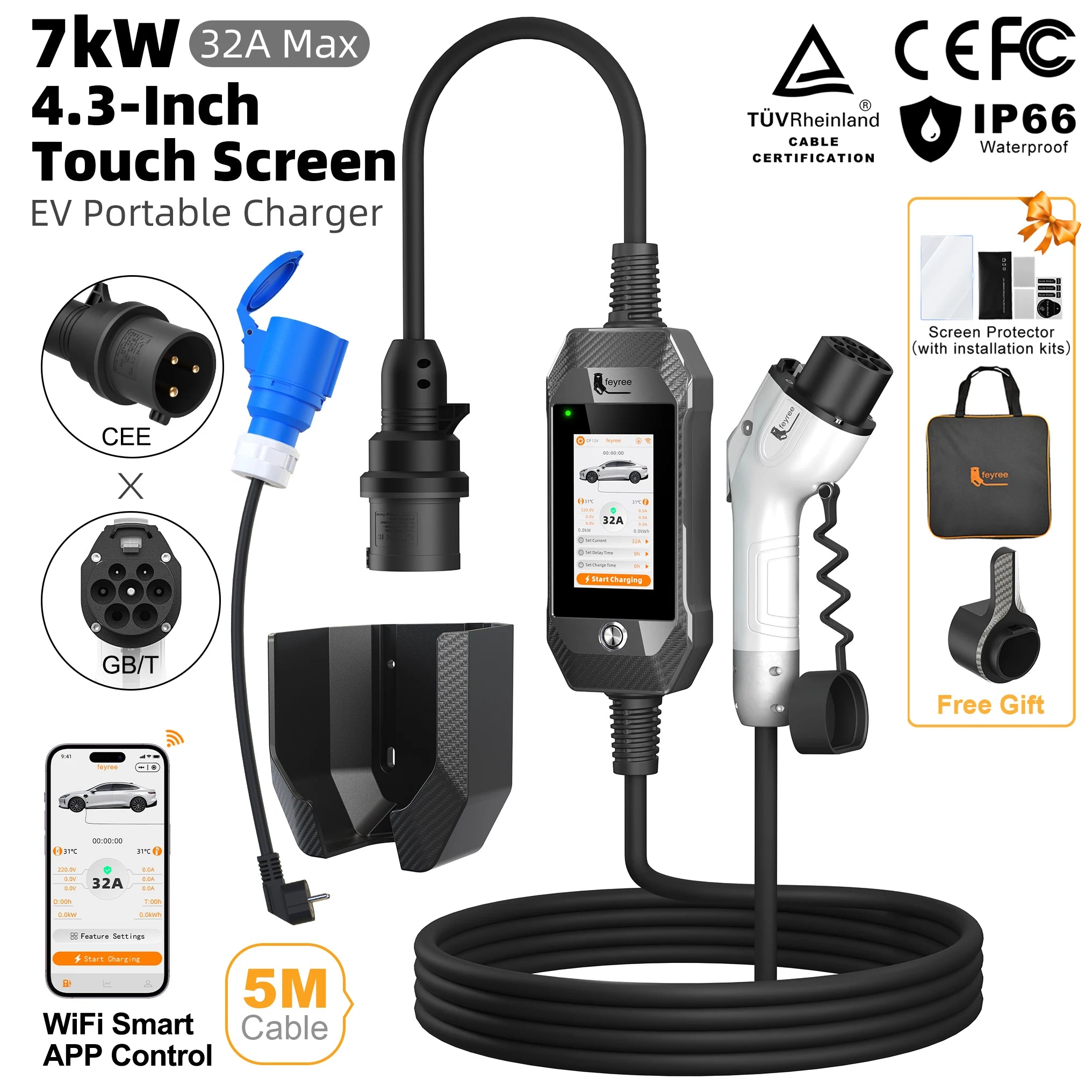 Portable 7kW EV Charger with 4.3" Touchscreen & Smart WiFi App Control - 31