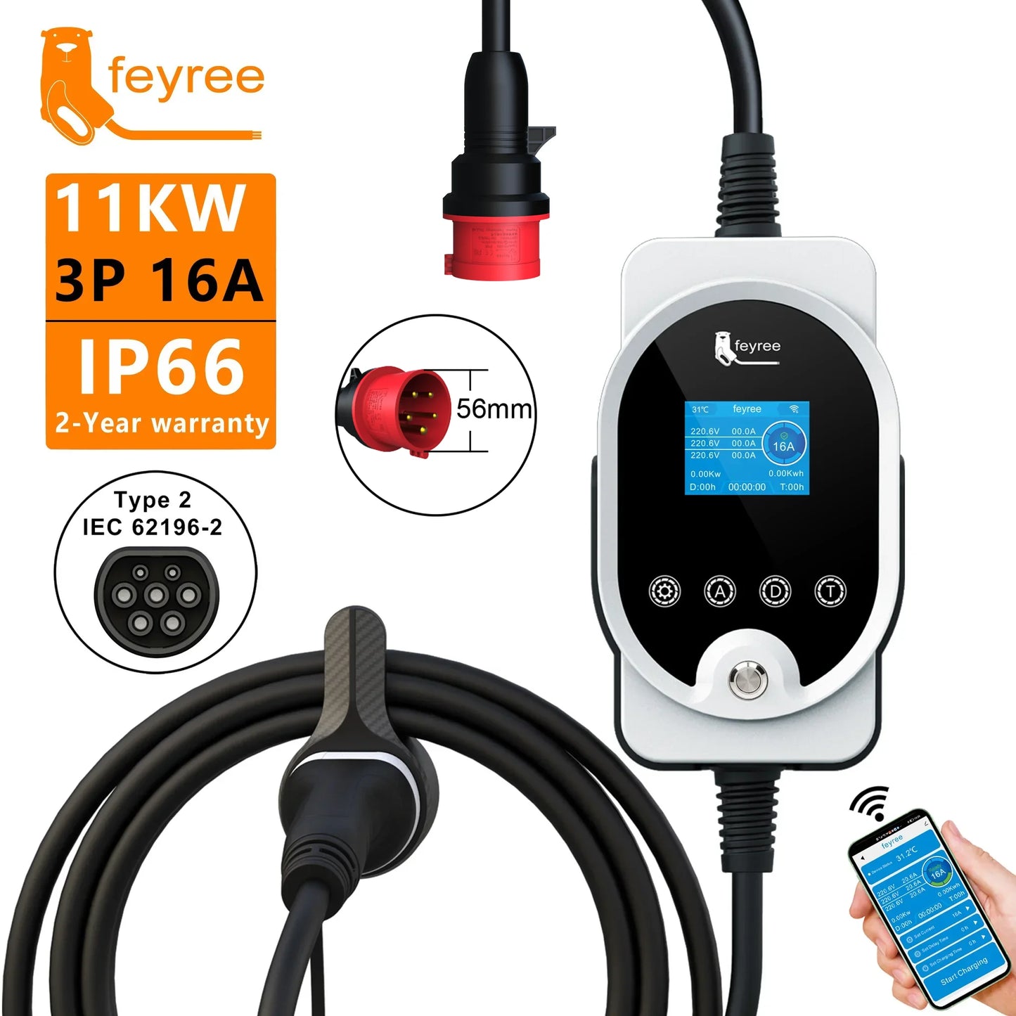 11KW Type 2 Smart EV Wallbox Charger - Portable 3-Phase Electric Car Station