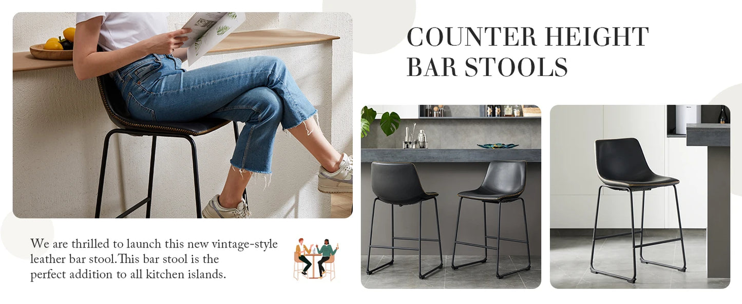 Modern Faux Leather Bar Stools - Set of 2 Counter Height Kitchen Chairs