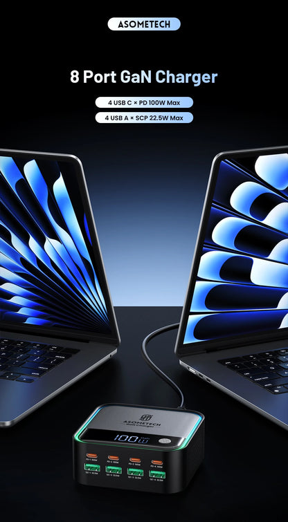 100W GaN 8-Port Desktop USB Charger with LED Digital Display & Lighting