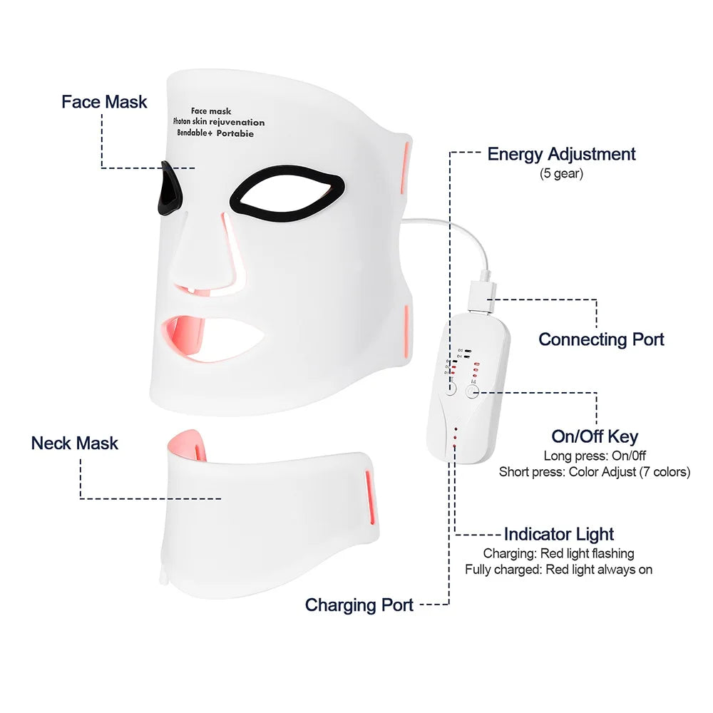 Wireless 7-Color LED Light Therapy Silicone Face & Neck Mask