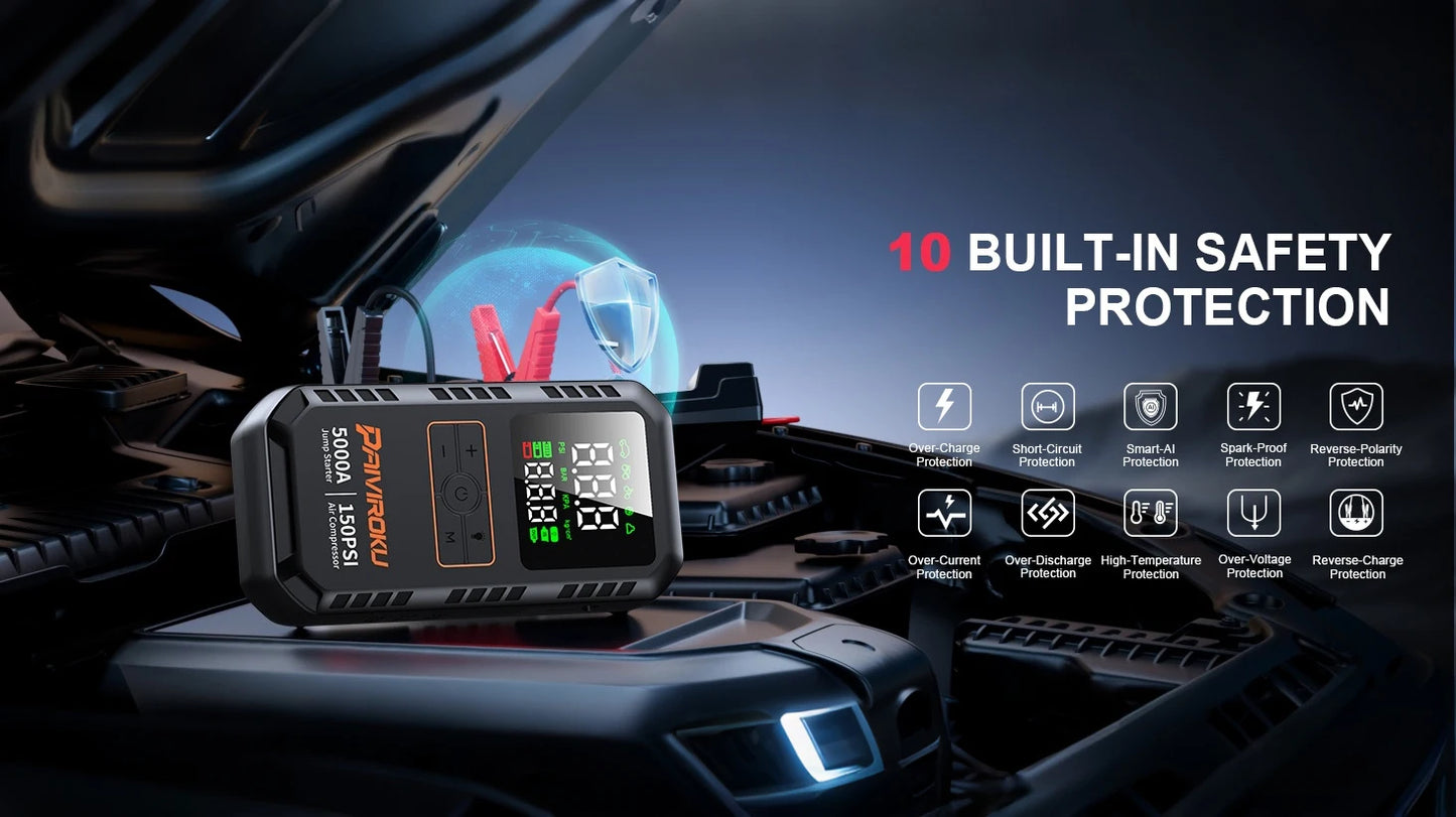 4-in-1 Portable Car Jump Starter with Tire Inflator & 150PSI Air Compressor