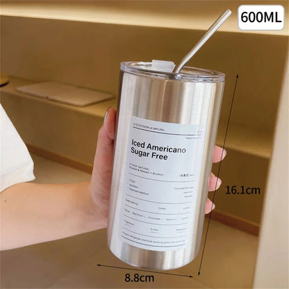600ml Insulated Stainless Steel Coffee Mug with Straw – Leak-Proof Thermos