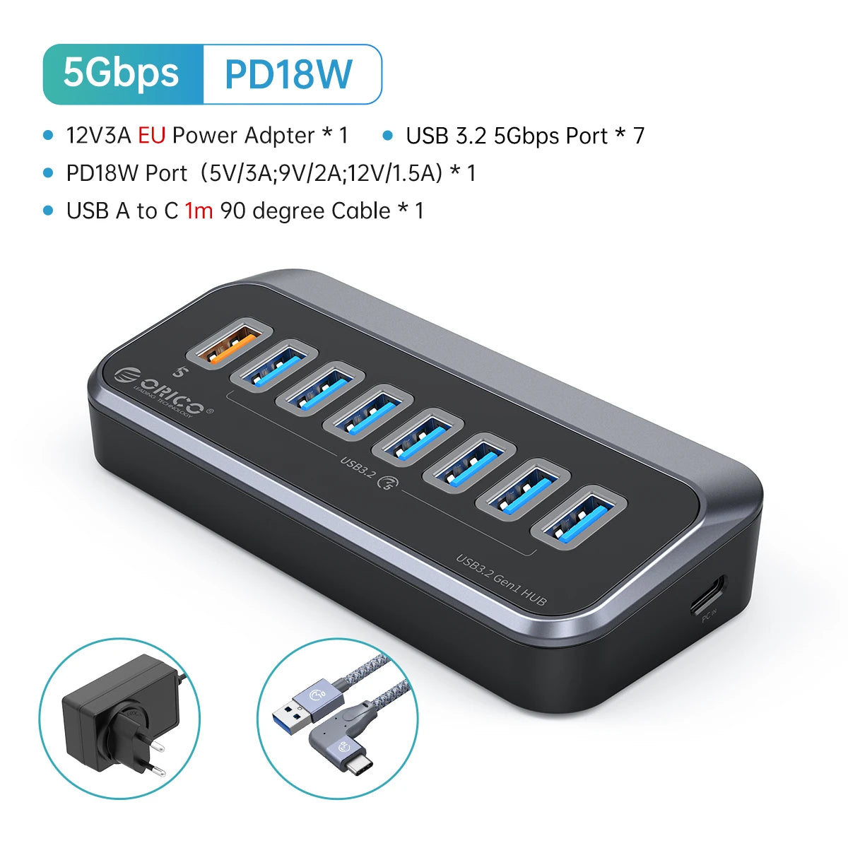 7-Port Powered USB 3.2 Hub with Fast Charging for Laptop & PC - 24