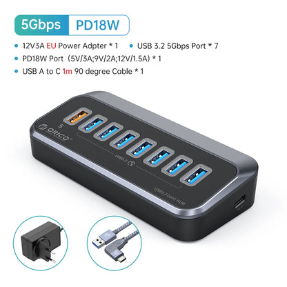 7-Port Powered USB 3.2 Hub with Fast Charging for Laptop & PC