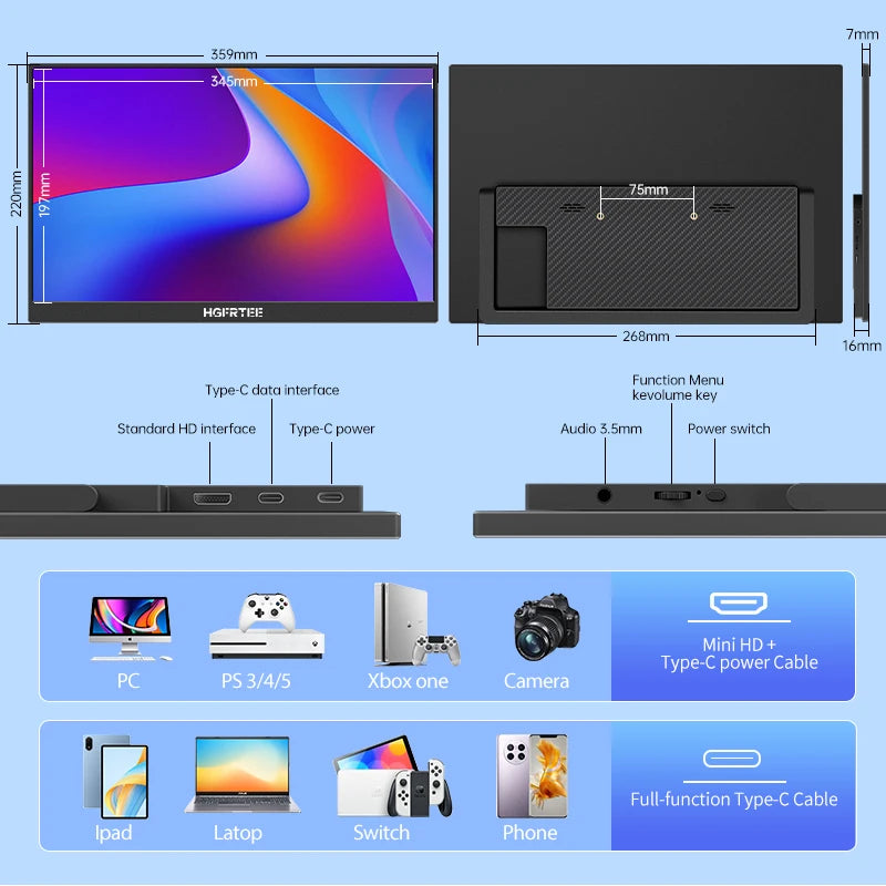 15.6" FHD Portable Monitor - IPS Gaming Laptop Display with USB-C & HDMI