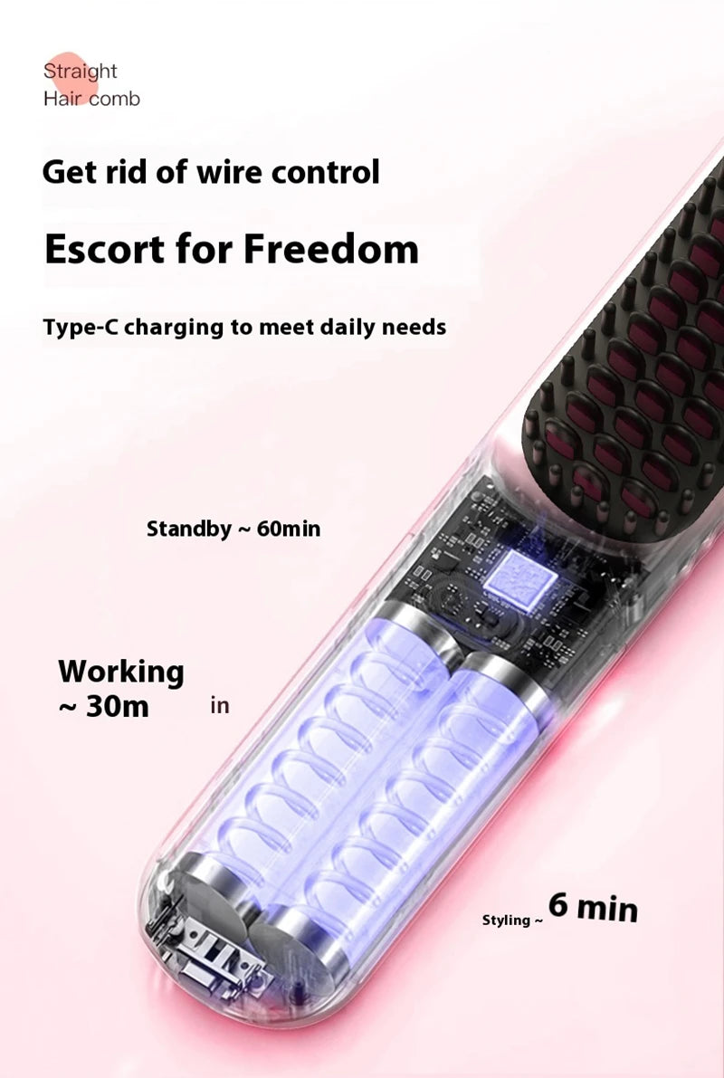 Fast Heating Cordless Hair Straightening Brush - Anti-Frizz Ionic Styling Comb - 21