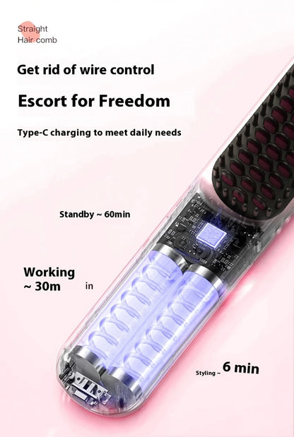 Fast Heating Cordless Hair Straightening Brush - Anti-Frizz Ionic Styling Comb