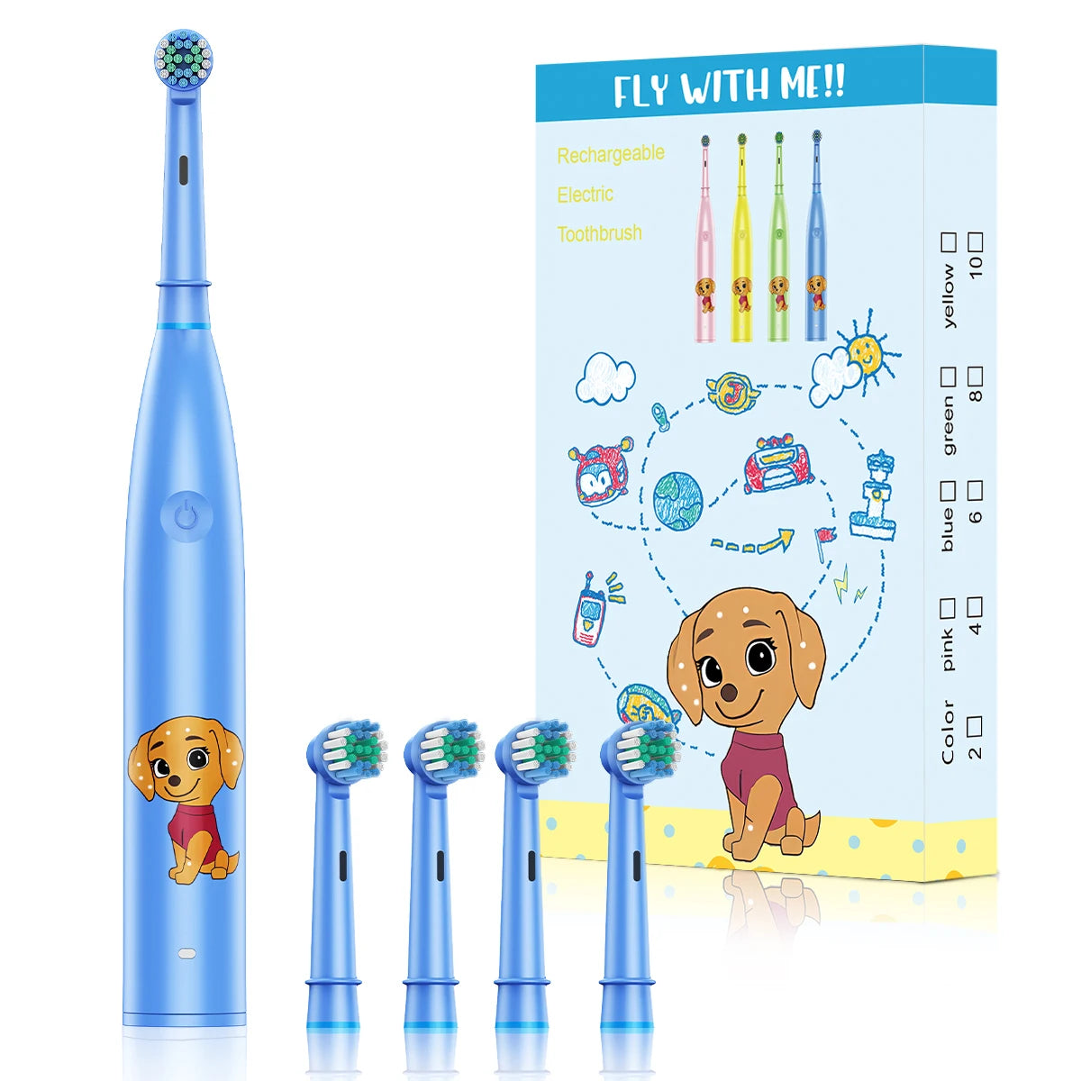 Kids Rechargeable Electric Toothbrush with 4 Replacement Heads & Timer
